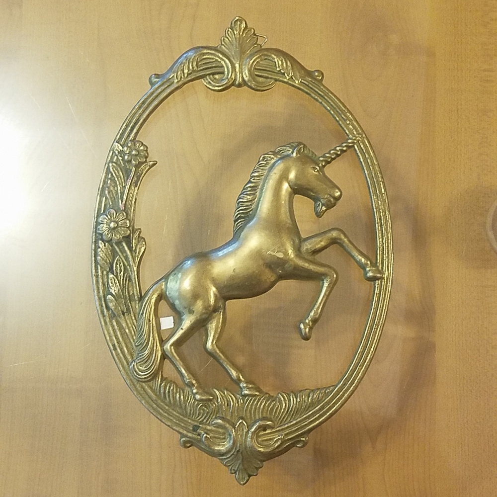 Vintage brass unicorn wall decor
